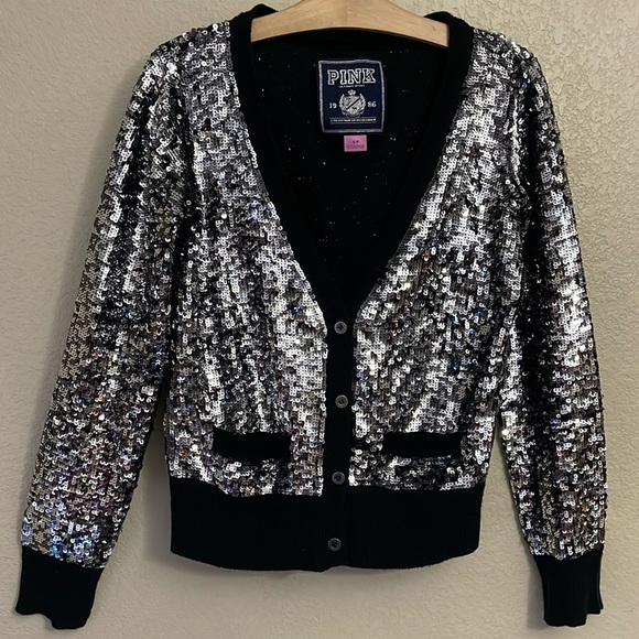 PINK Victoria's Secret Sweaters - Victoria’s Secret PINK Black Cardigan Sequin Bling  Button Up - Small
